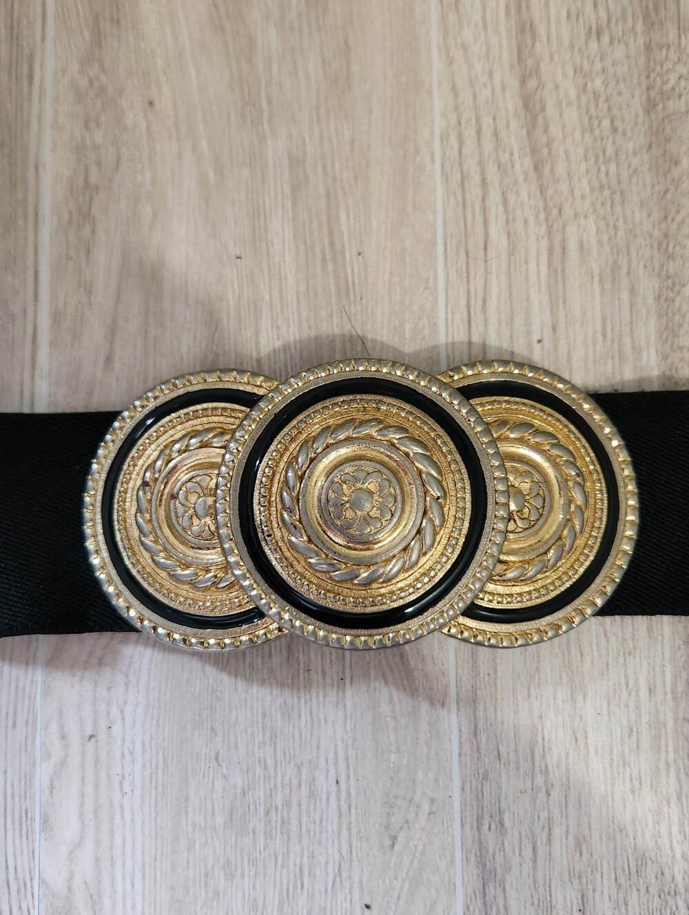 Vintage Nan Lewis Statement Belt Gold Black Art Deco Buckle Elastic Cinch 34"